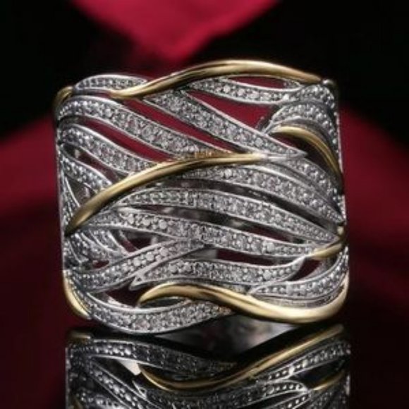 925 Sterling Silver & Gold Tone Ring w/Simulated Diamonds - Picture 1 of 4
